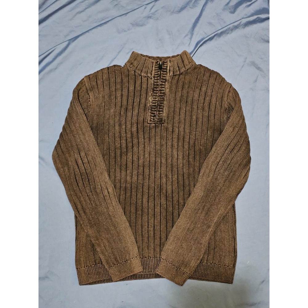 Solaris Men's Large‎ 1/4 Zip Sweater Green Cotton Knit Raw Hem